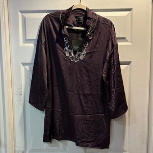 NWT! Timeless Naeem Kahn Purple Satin Sequin Caftan Tunic Top Blouse XL